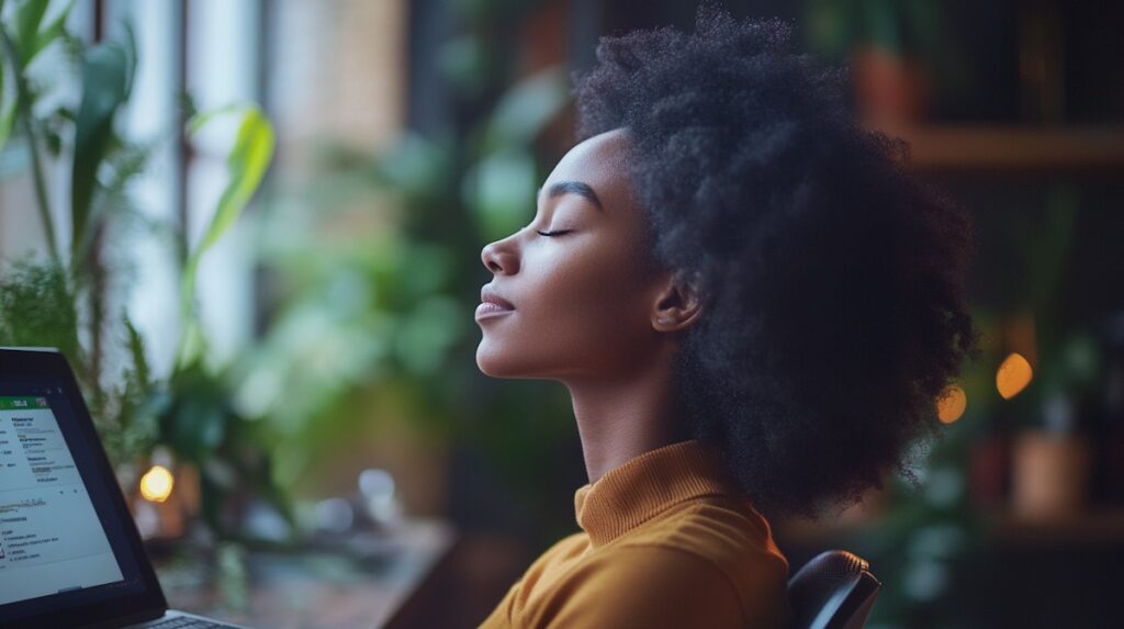 Person with closed eyes and natural curly black hair in profile view, appearing to be taking a peaceful moment with their head tilted slightly upward. They're wearing an orange/mustard colored top with a ribbed collar. In the foreground, part of a laptop screen is visible, suggesting they may be taking a break from work. The background features soft bokeh lighting with green plants visible, creating a warm, cozy atmosphere that appears to be in a café or home office with natural light coming in. The overall mood conveys a sense of calm, mindfulness or a moment of reflection.