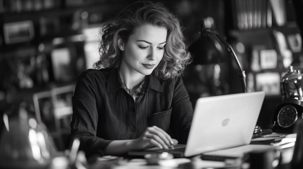 Person with curly hair working on a laptop in a black and white photograph. They're wearing what appears to be a button-up shirt and are seated at a desk or table with a desk lamp and alarm clock visible to the right of the laptop. The person is looking down at the screen with a slight smile while typing or working. The background is blurred but suggests a cozy indoor environment with bookshelves or other objects creating a warm, studious atmosphere. The monochrome treatment gives the image a classic, timeless quality while highlighting the subject's concentrated but pleasant expression as they work.
