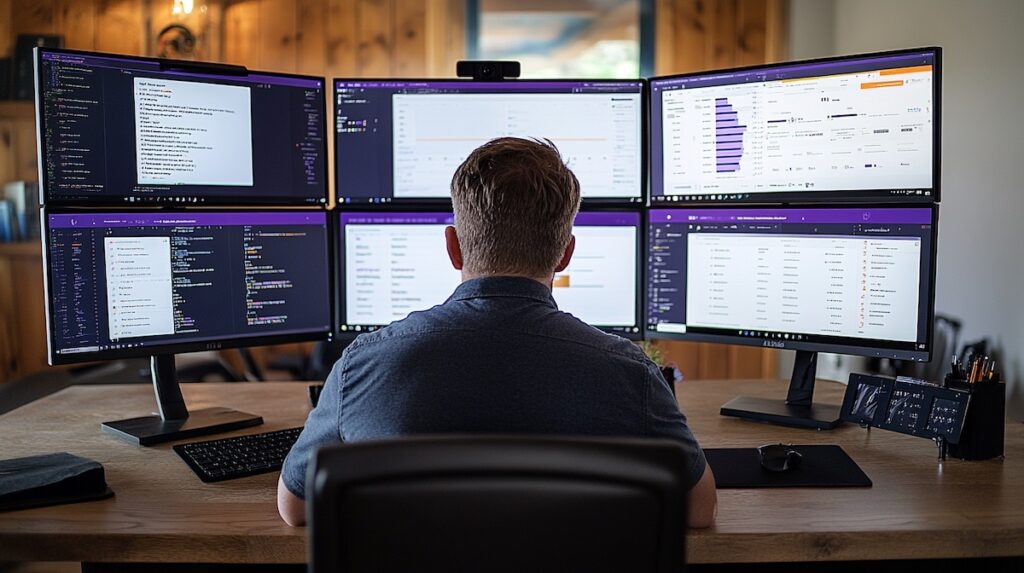 Person from behind sitting at a wooden desk with a sophisticated multi-monitor setup consisting of six screens arranged in two rows of three. The top row displays what appears to be code on the left screen, a dashboard or interface in the middle, and data visualization with purple charts on the right. The bottom row shows more code interfaces and data tables, all with dark/purple-themed interfaces.
The person has short hair and is wearing a gray/blue shirt, sitting in a dark office chair. Their workspace includes a keyboard, mouse pad, and what looks like a small holder with writing tools on the right side of the desk. The background features wooden wall paneling, and there's a webcam visible mounted on top of the center monitor. This appears to be a developer, programmer, or data analyst's professional workstation setup.