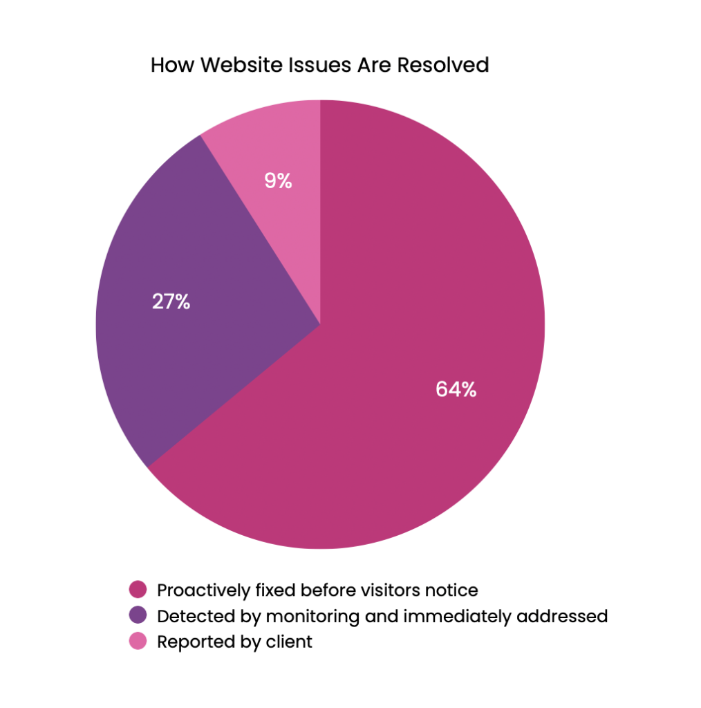 Pie chart titled "How Website Issues Are Resolved" with three segments:
The largest segment is magenta/dark pink (64%) labeled "Proactively fixed before client notices"
The middle segment is purple (27%) labeled "Detected by monitoring and immediately addressed"
The smallest segment is light pink (9%) labeled "Reported by client"
The chart illustrates that the vast majority of website issues (91% combined) are resolved either proactively or through monitoring systems before clients need to report them, with only a small percentage of issues being reported by clients directly.
