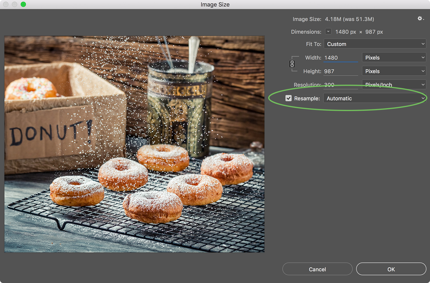 Learning how to resize and image: A screen demonstrating how to resample an image in photoshop