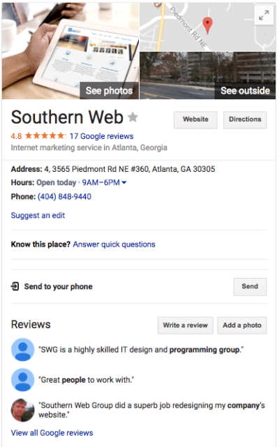 Southern Web's Google My Business listing