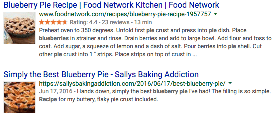Graphical blueberry pie recipe results, courtesy of structured data.