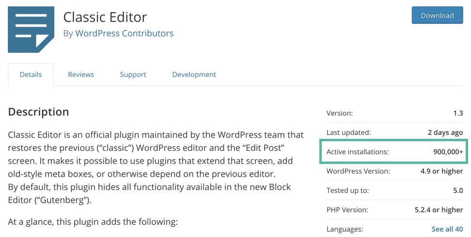 Screenshot of WordPress.org plugin screen with Active installs highlighted