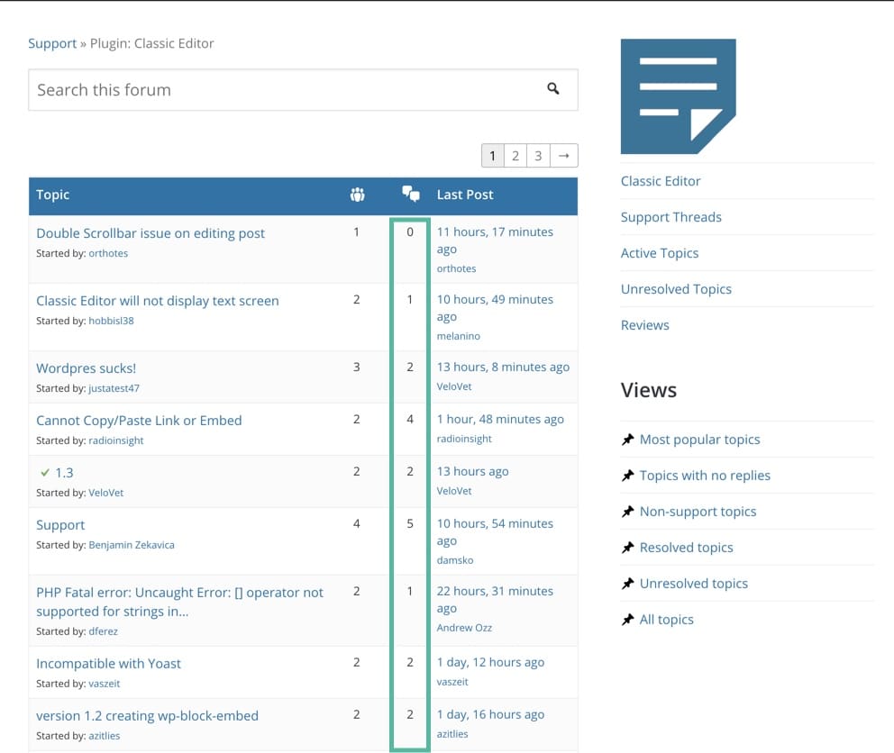 Screenshot of WordPress.org support forum with replies highlighted