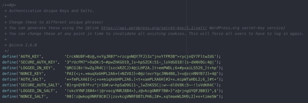 Screengrab showing the strings of numbers, letters, and symbols that make up a WordPress salt key.