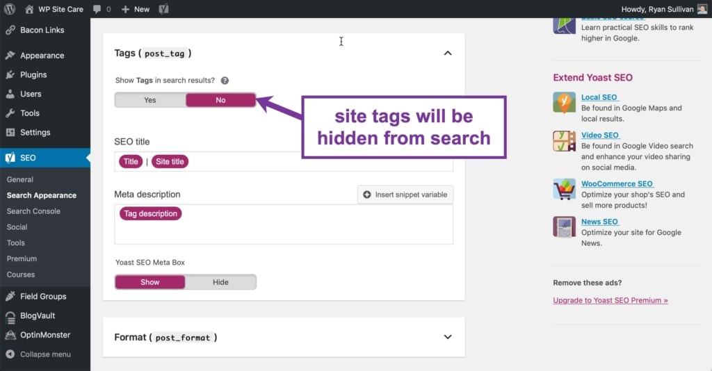 Yoast SEO configuration to hide tags from search