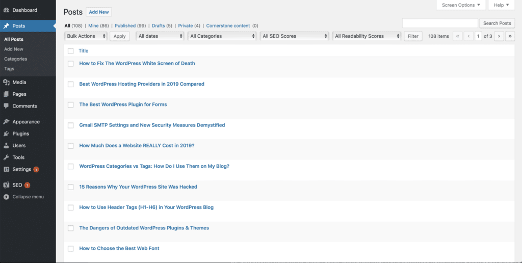 Screenshot of WordPress dashboard with all columns removed except titles.