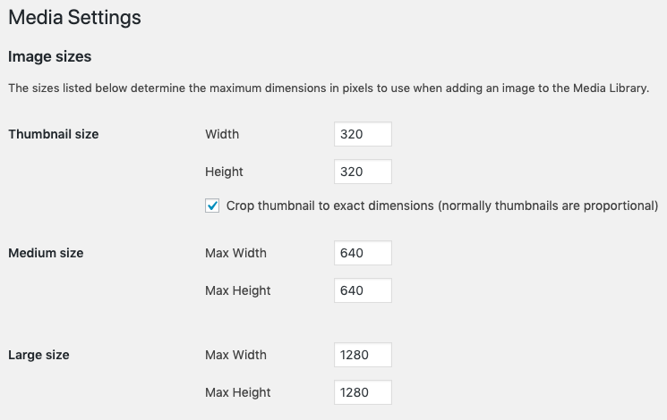 Screenshot of the WordPress Media Settings