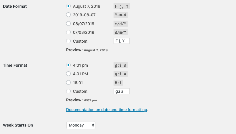 Screenshot of the different date format options in the WordPress general settings.