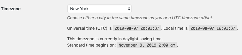 Screenshot of the time zone selector in the WordPress general settings.