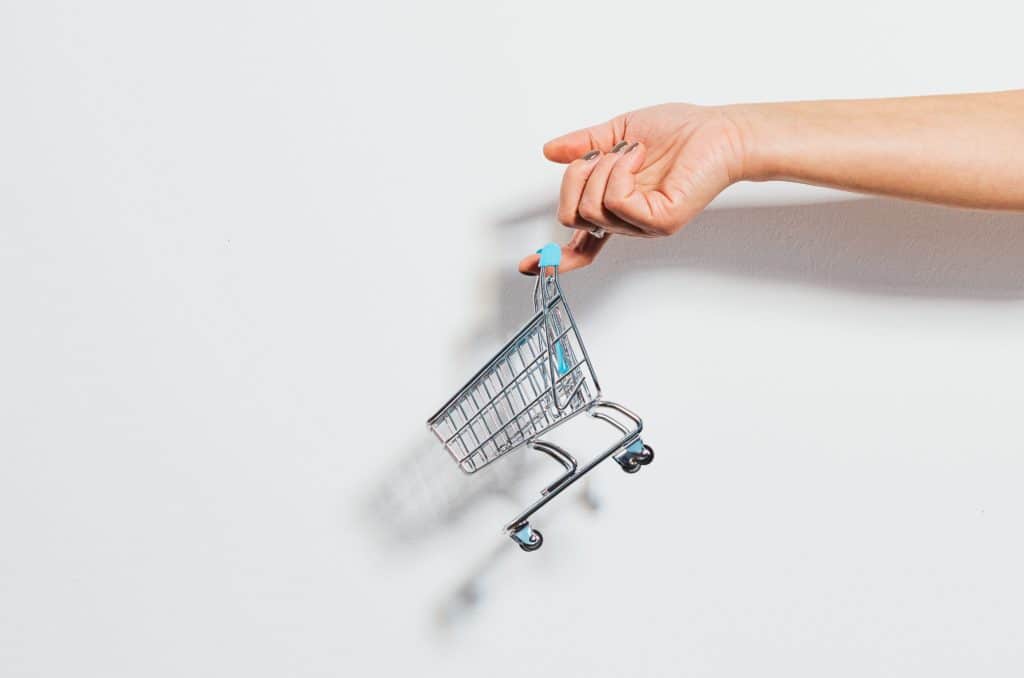 Hand holding up mini shopping cart