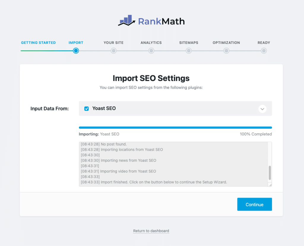 An image showing the Rank Math startup wizzard for importing existing SEO settings into Rank Math