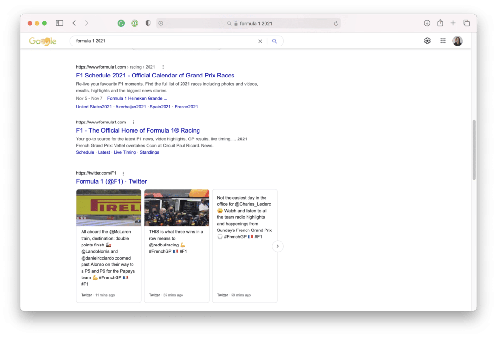 An example of a meta description on a SERP, inviting online users to "Relive" their favourite Formula 1 moments by clicking on the header tag and link provided.