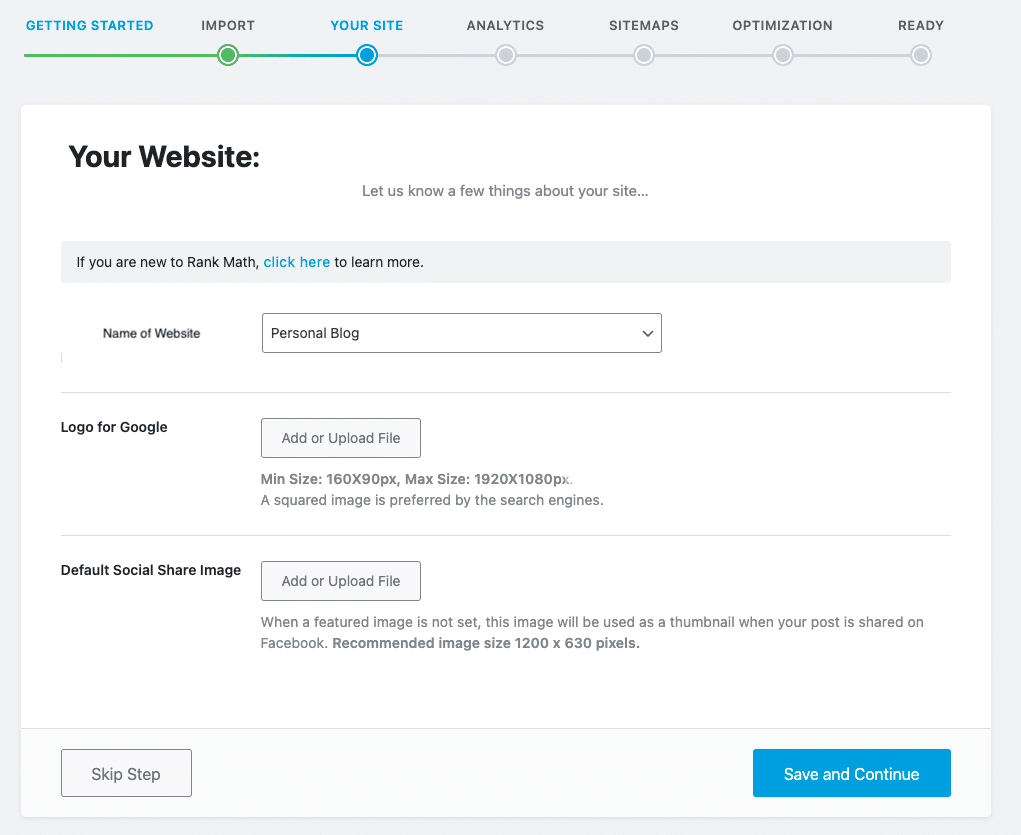 An image showing the Rank Math startup wizzard for setting up a WordPress site