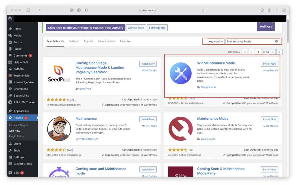 This image shows how to search for and find the WP Maintenance Mode plugin in the WordPress Plugin repository.