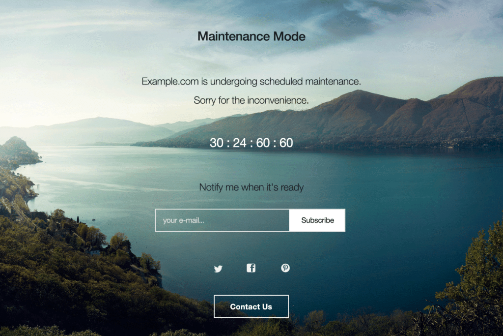 This image shows an example pf a maintenance mode page, with messaging confirming to site visitors that the site is undergoing scheduled maintenance, as well as a countdown time, and an email subscribe field for visitors to be notified when they site is back online.