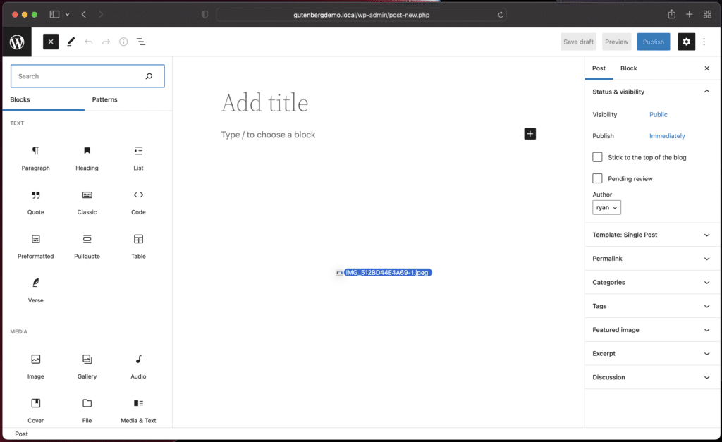 Screenshot illustrating how to add a block to the Gutenberg editor.