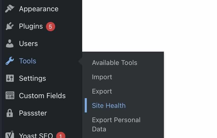 Screen grab of the WordPress menu, showing Tools and Site Health to help fix the MySQL extension error message