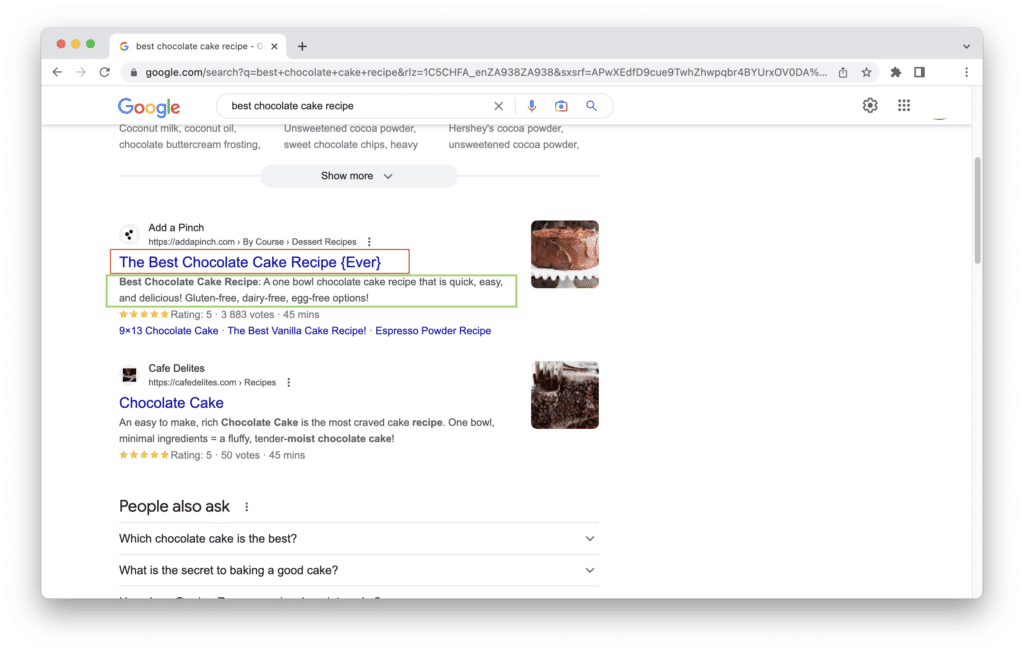 An image highlighting the meta description of a webpage for a chocolate cake recipe
