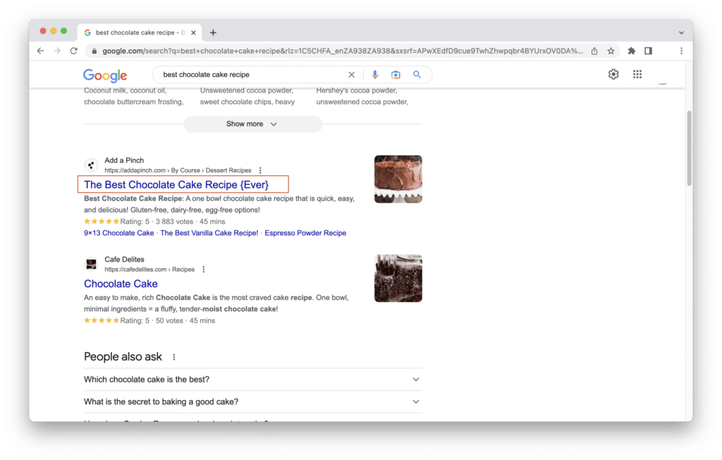 An overview of a Google search results page highlighting the title tag of a chocolate cake recipe