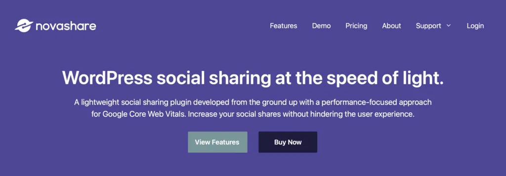 Banner image with overlaid text of "WordPress social sharing at the speed of light" from the Novashare WordPress plugin homepage.
