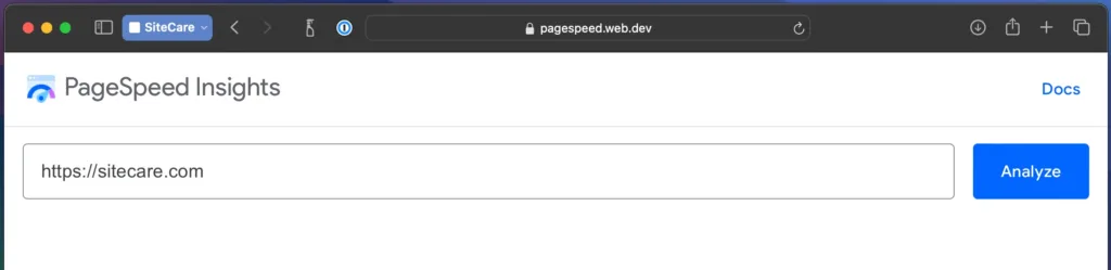 Screenshot of the Google PageSpeed Insights homepage.