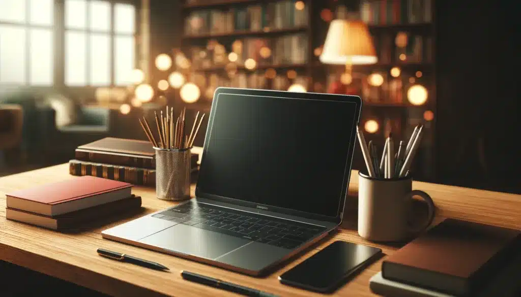 Computer on a desk with a blurred out bookcase in the background.