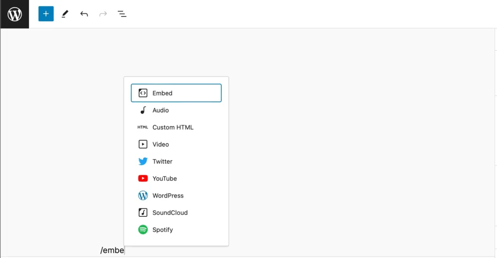 Screenshot showing the expanded block window that's triggered in the WordPress post editor when someone types /embed