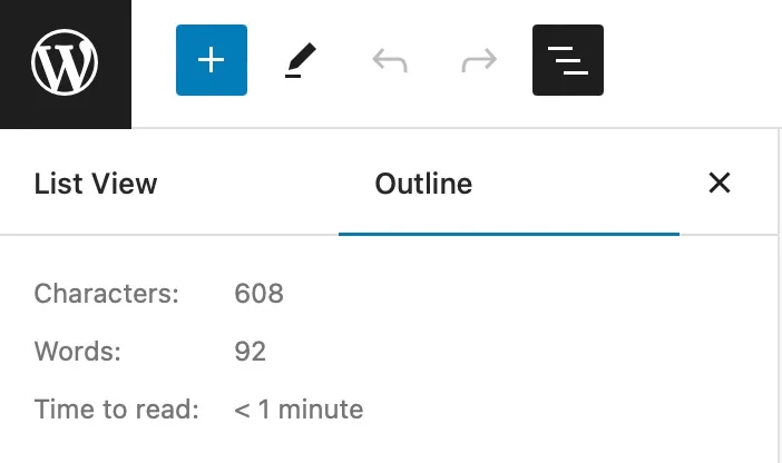 Screenshot showing how to view a document outline in the WordPress block editor.