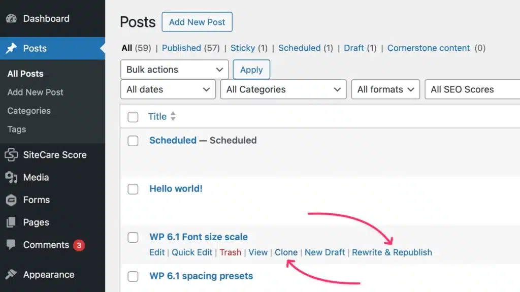 Screen shot of the WordPress dashboard. It's the post list screen and has arrows pointing to the "Clone" and "Rewrite & Republish" actions for a post.