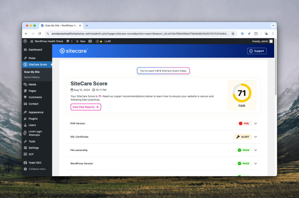 A SiteCare Score report for a WordPress website with fair health