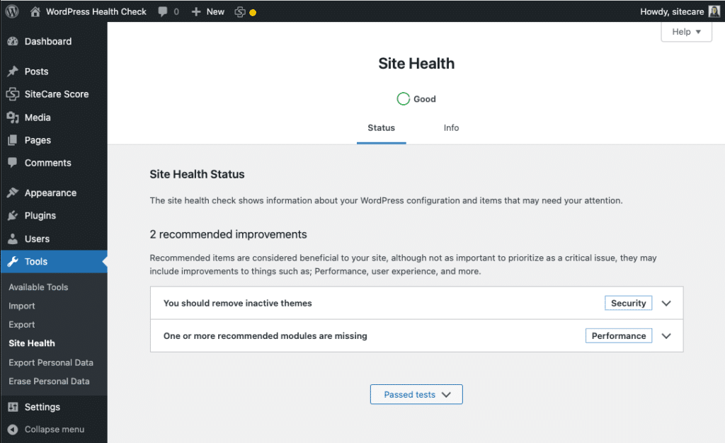 The Site Health dashboard found in WordPress tools