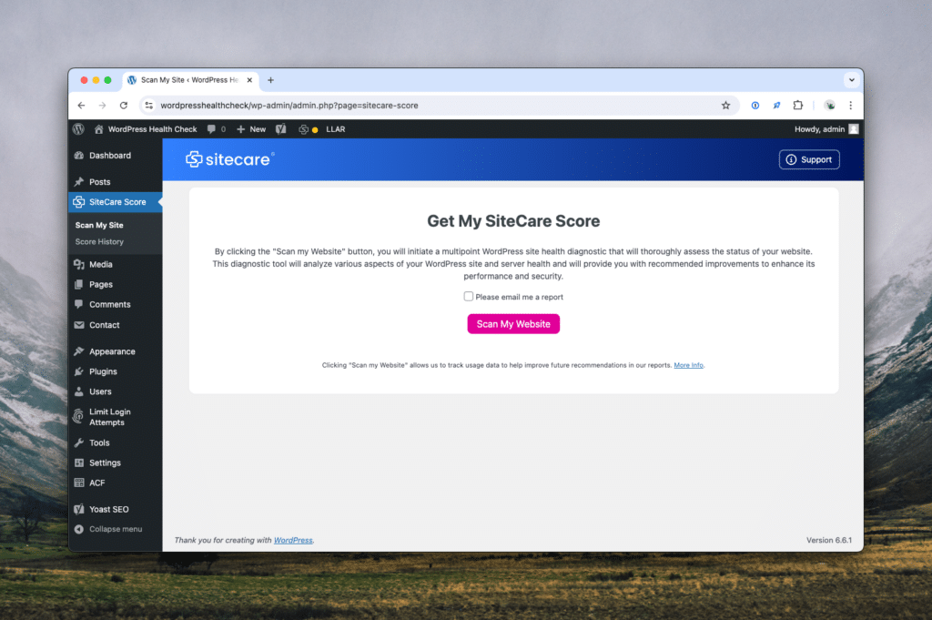 Screen to start the WordPress SiteCare Score health check scan