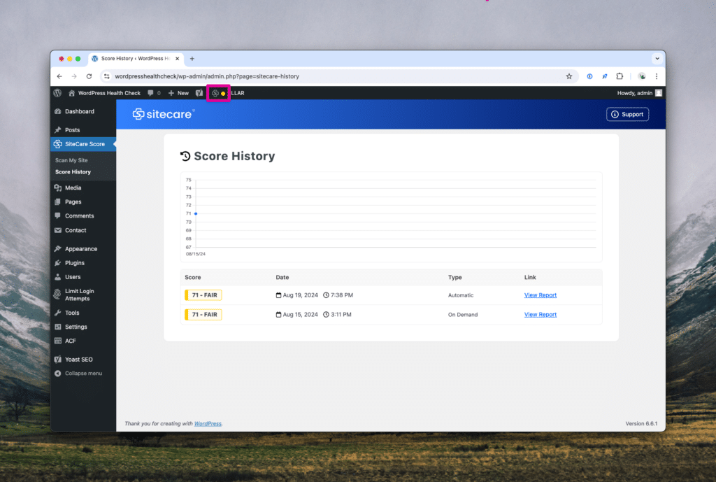 Reviewing score history and viewing the current score from the admin menu