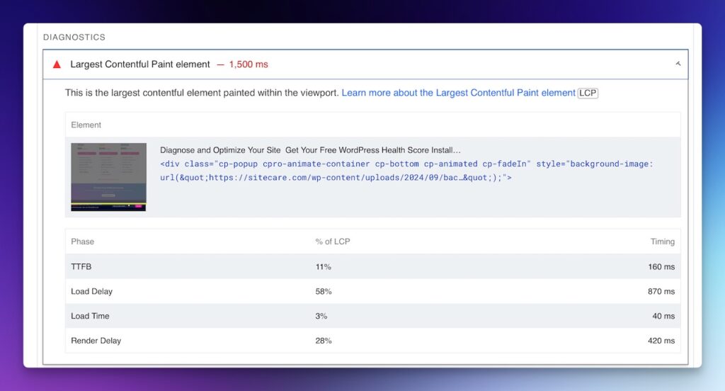 Expanded view of one specific issue from the PageSpeed Insights report.