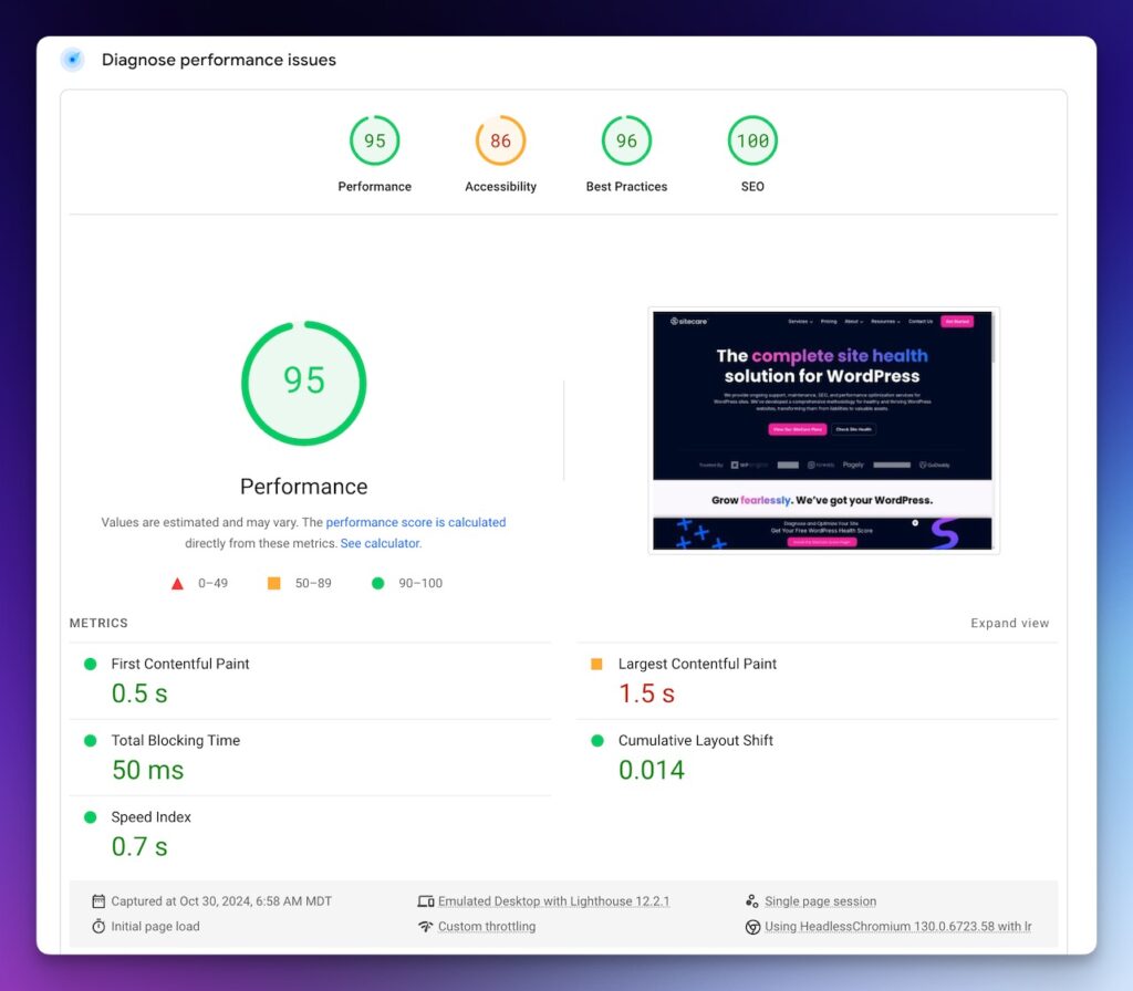 Screenshot of the diagnostic overview portion of the PageSPeed Insights report.