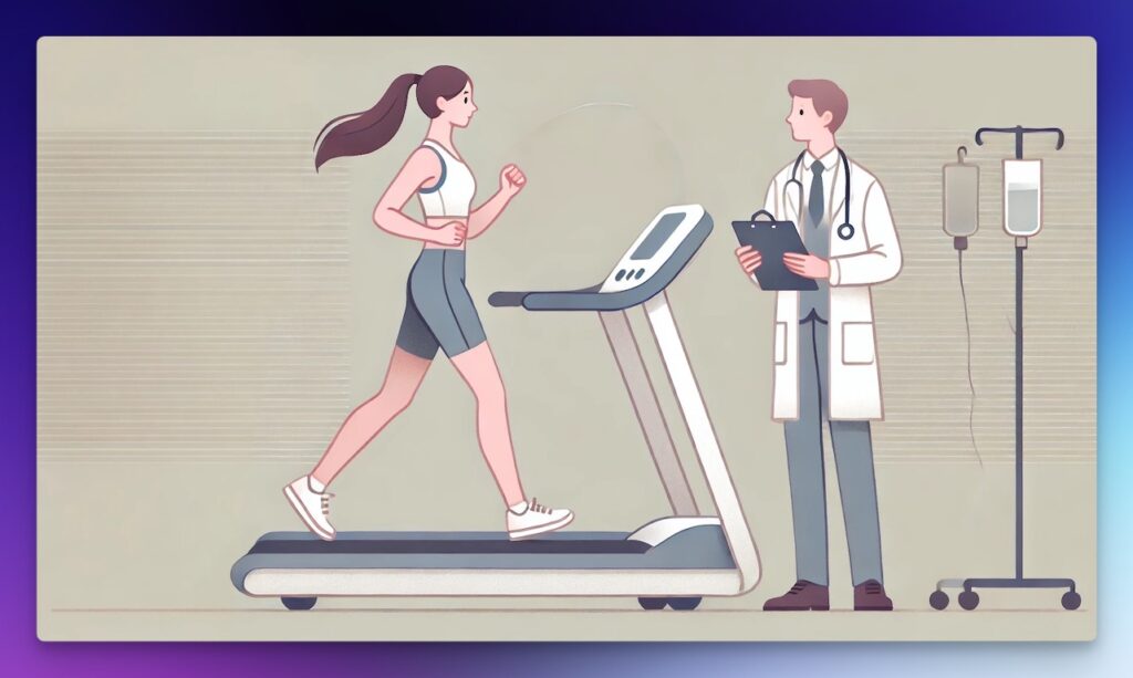 Illustration of a woman on a treadmill running next to a physician.