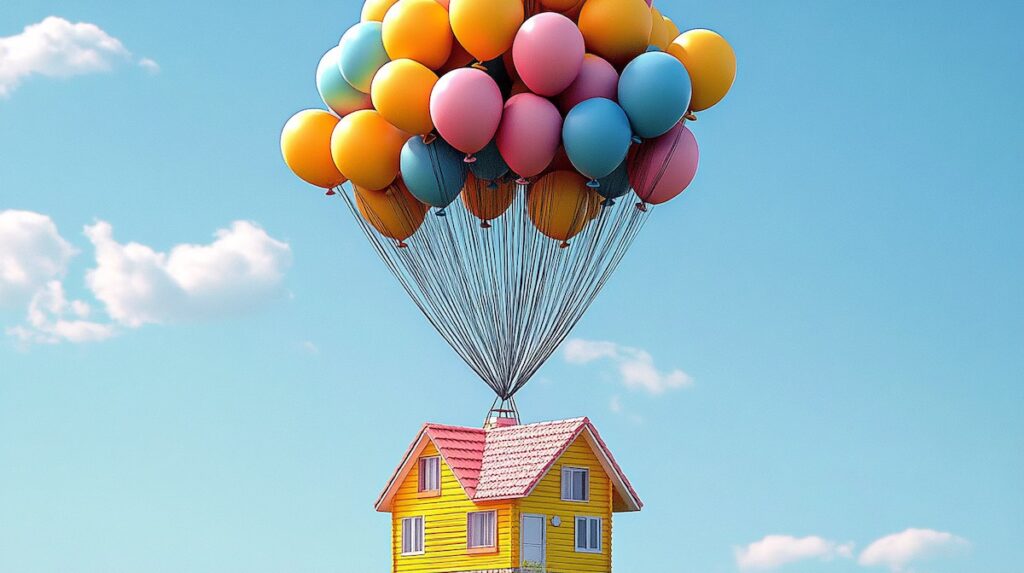 Image of a house being lifted up by balloons.