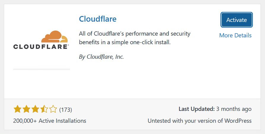 Screenshot of the tile for Cloudflare WordPress plugin activation.