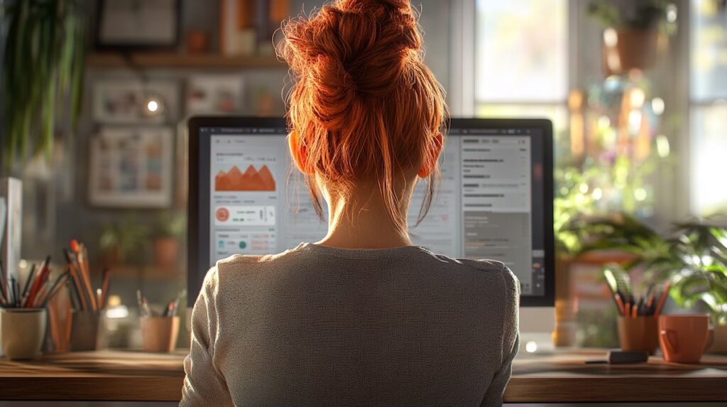 Image of a woman from the back looking at a computer screen with a content management system on the screen.