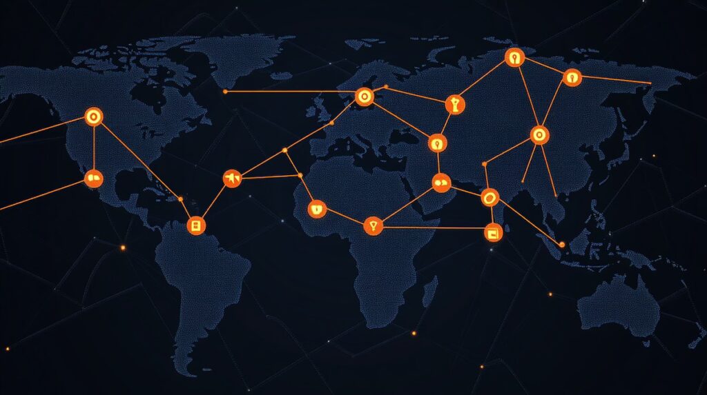 Global network map with icons and connections overlaid on top of a world map.