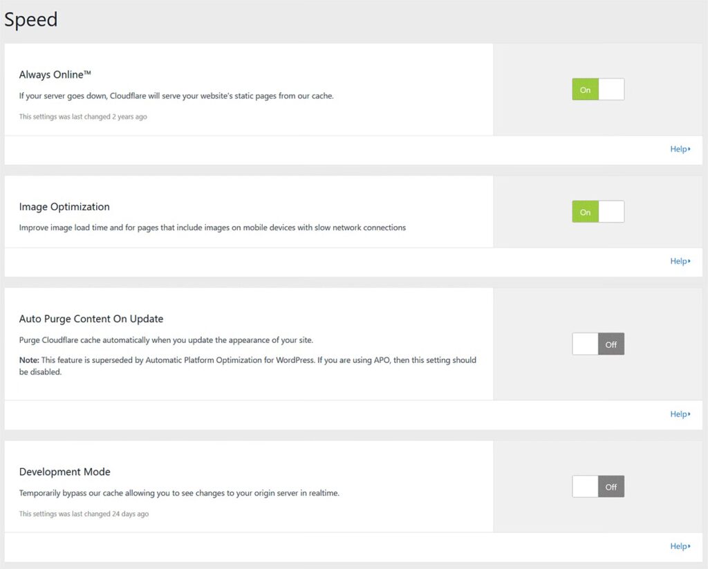 Screenshot of the Cloudflare speed options that display in the WordPress dashboard.