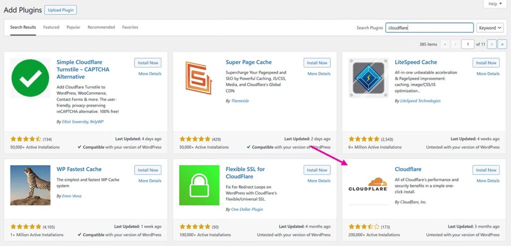Screenshot of the term cloudflare being searched in the WordPress.org plugin repository