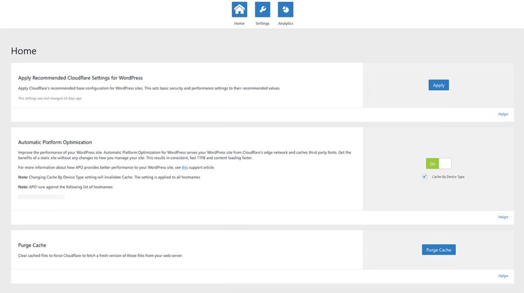 Screenshot of the Cloudflare primary options that display in the WordPress dashboard.