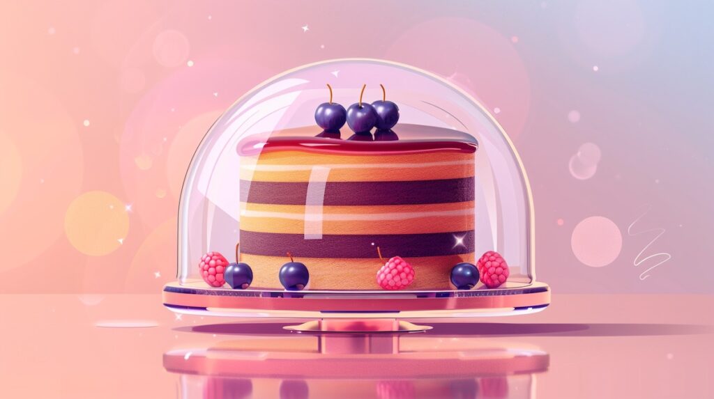 Illustration of a cake with a glass cover over the top.