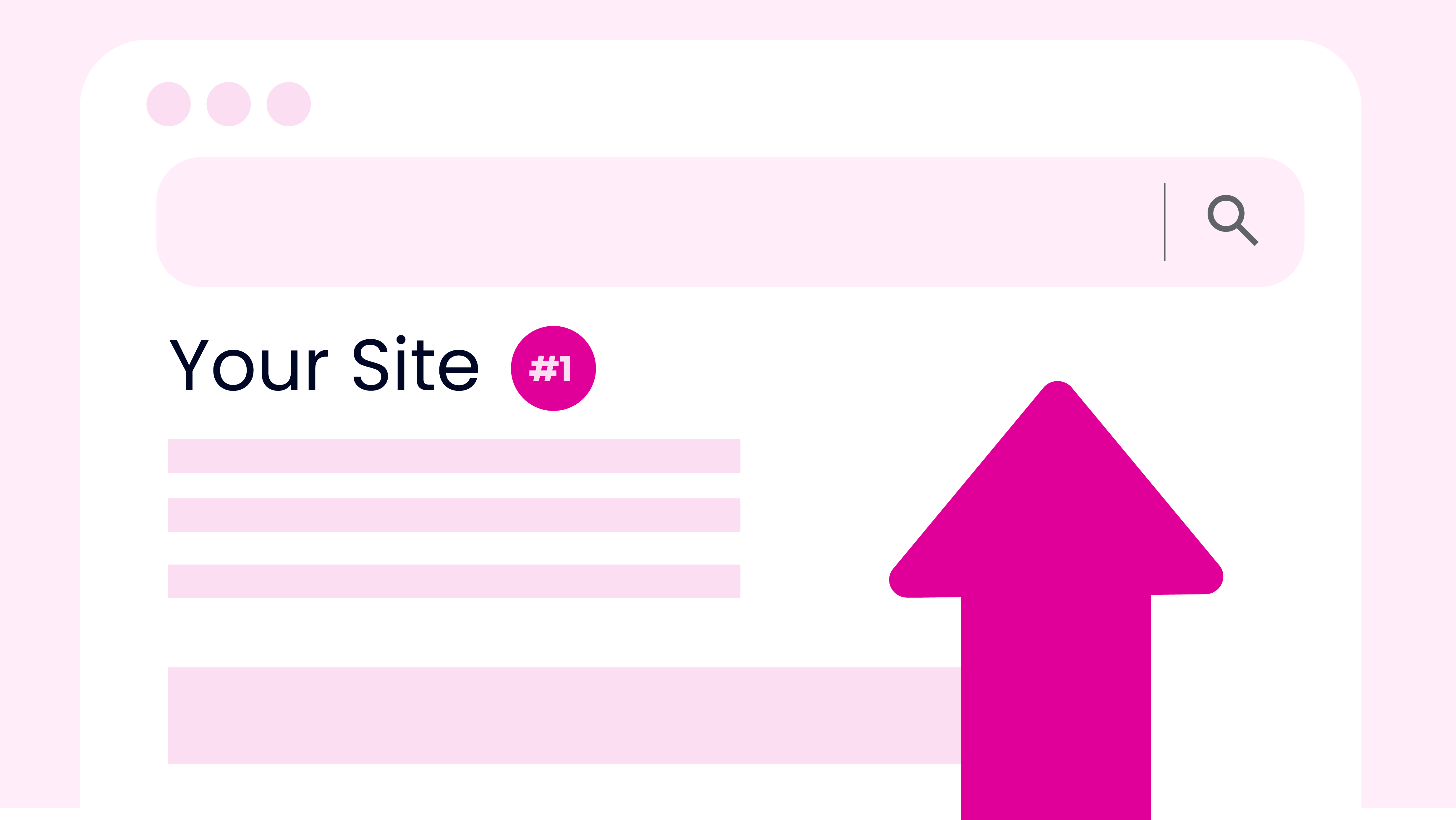 Illustration of a browser wireframe mockup with a large up arrow to indicate climbing search engine rankings.