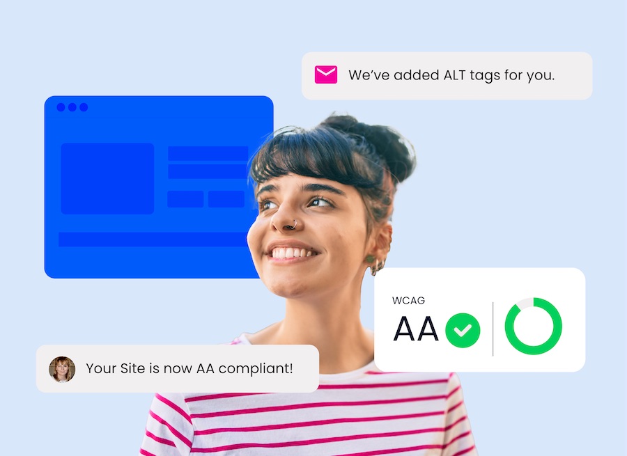 Smiling woman in a striped shirt against a light blue background, with accessibility-related graphics including a WCAG AA compliance badge, a notification stating ‘We’ve added ALT tags for you,’ and a message confirming ‘Your site is now AA compliant!