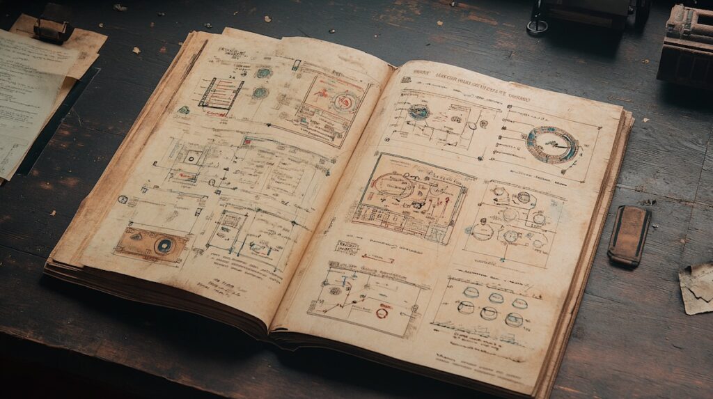 Old book with specialized diagrams representing a legacy website blueprint.